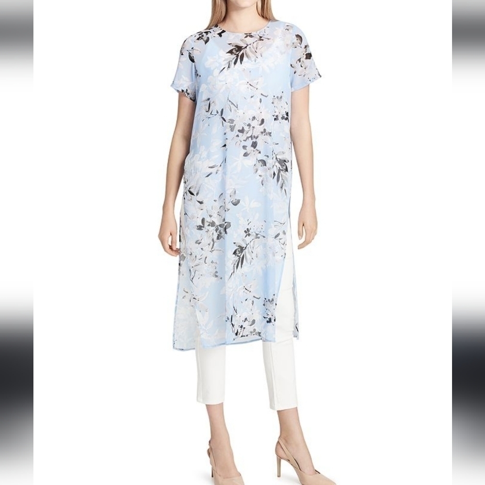 Calvin Klein Floral Chiffon Short Sleeve Long Tunic SIZE LARGE